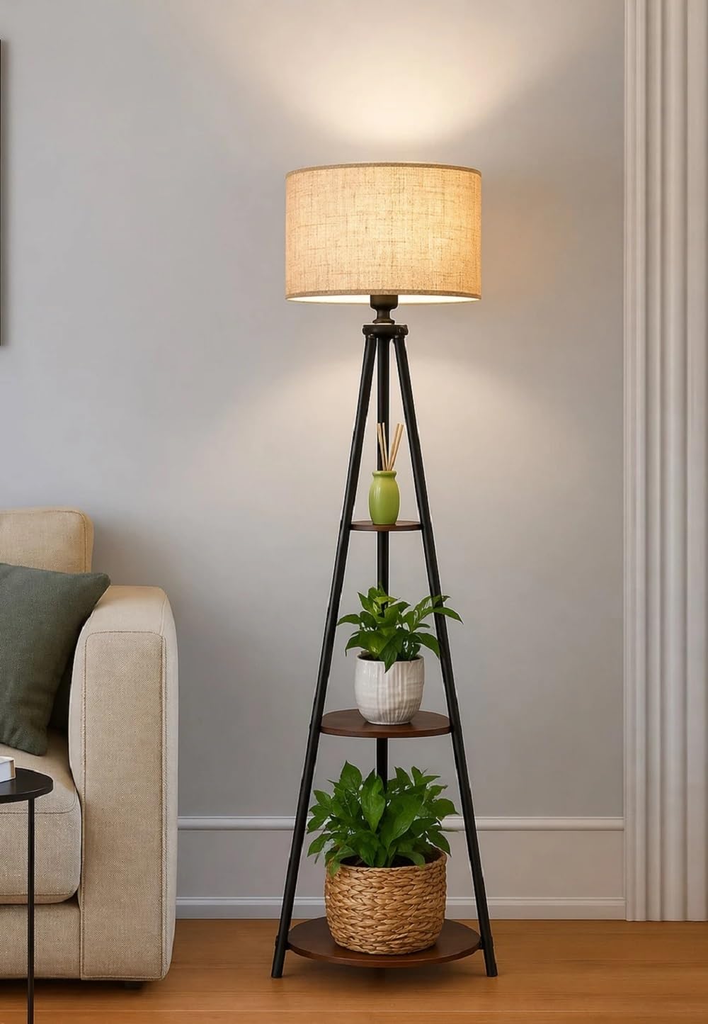 DEZIN KRAFT Tripod Floor Lamp with 3 Circle Shape Shelves, Beige
